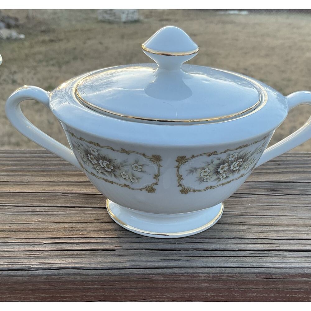 Happy Home China Elegance Creamer Sugar Bowl White Flowers W/ Scrolls - Picture 3 of 9